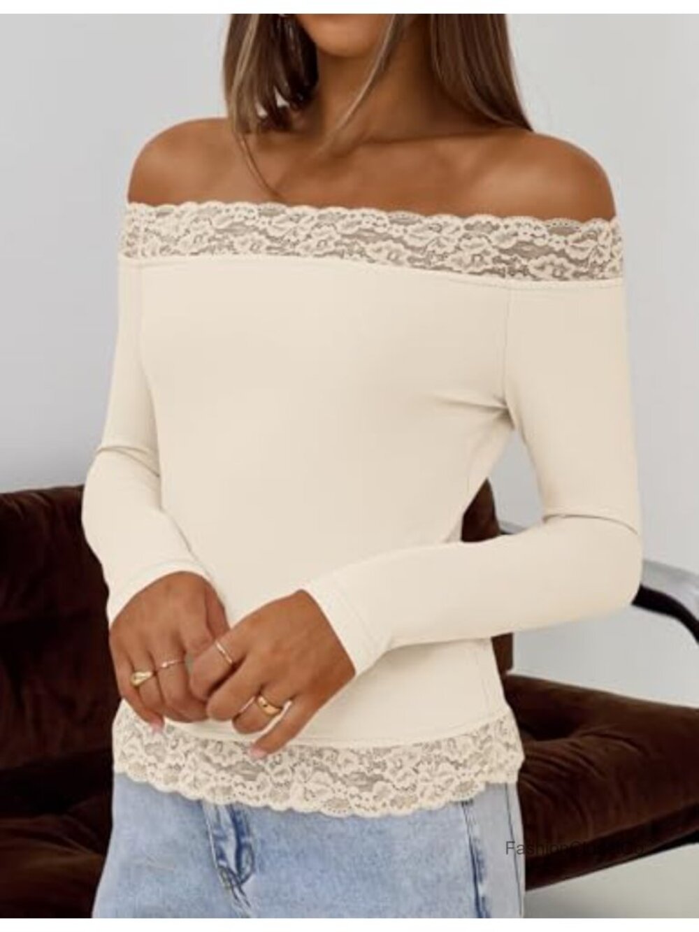 Women's Off Shoulder Long Sleeve Lace Crop Top Y2K - Picture 5 of 6